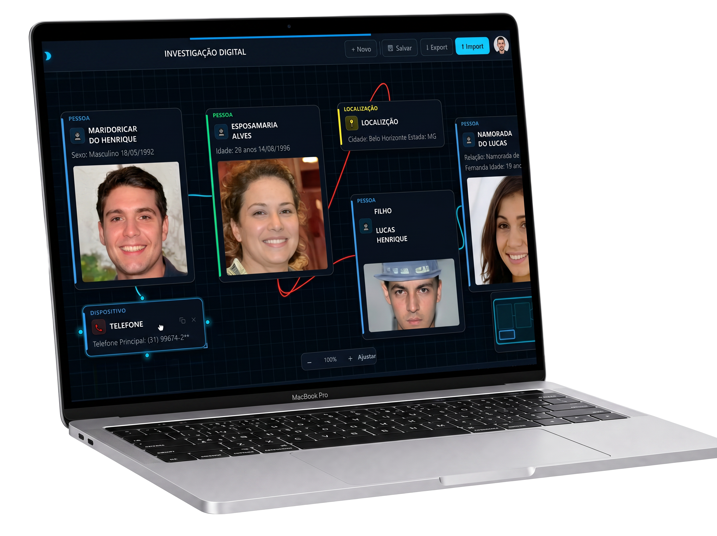 Dashboard de investigação OSINT Brasil com rede de conexões entre dados